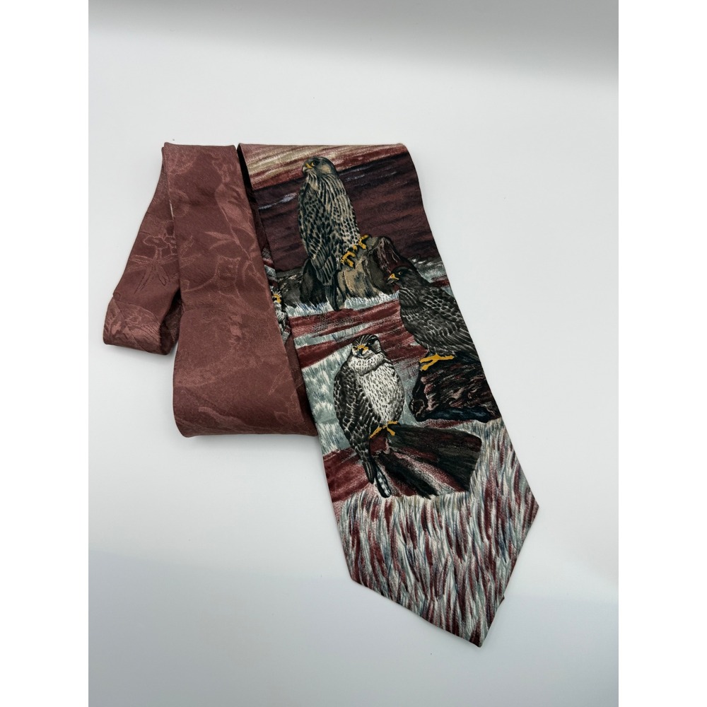 Endangered Species Silk Falcon Bird Tie OS Burgundy Nature Wildlife Gorpcore Art